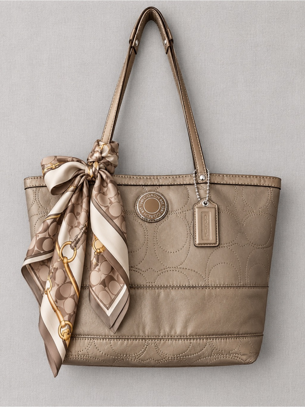 COACH Taupe Metallic Leather Stitch Outline C Tote Purse F19409 (2012)